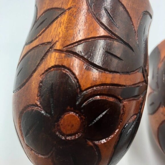Vintage Hand Carved Wood Goblets Floral Design Collectible Set of 2 - Picture 6 of 12